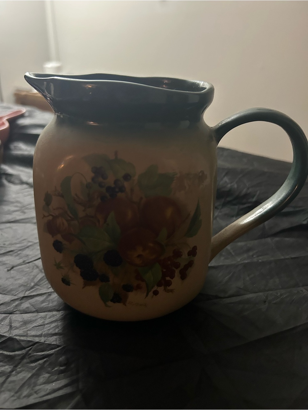 Hand-Painted Fruit Pitcher in Cream and Teal